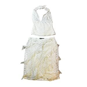 Vintage 90s Bisou Bisou White Eyelet Halter Top & Midi Skirt Set Boho Size S/M